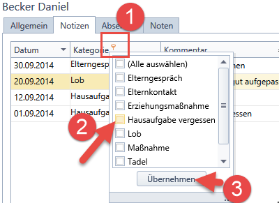 Hausaufgabe Vergessen: Filterauswahl