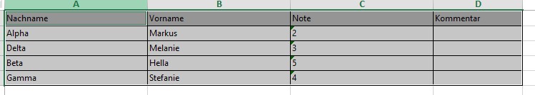 Excel-Tabelle zu importierender Schüler